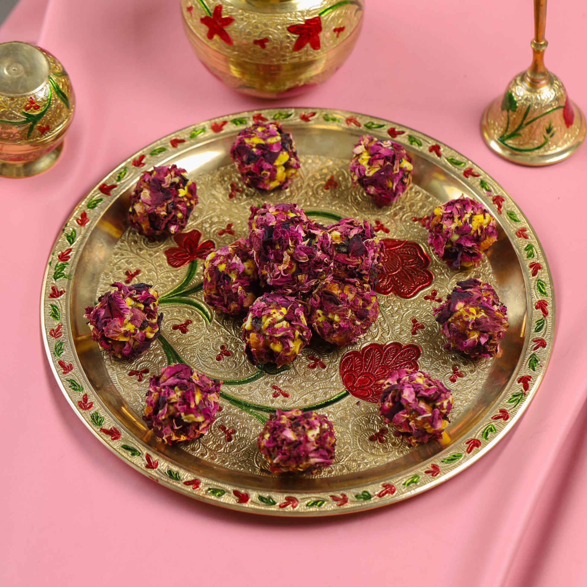 Decorative plate of Rose Dryfruit Ladoos perfect for festive gifting